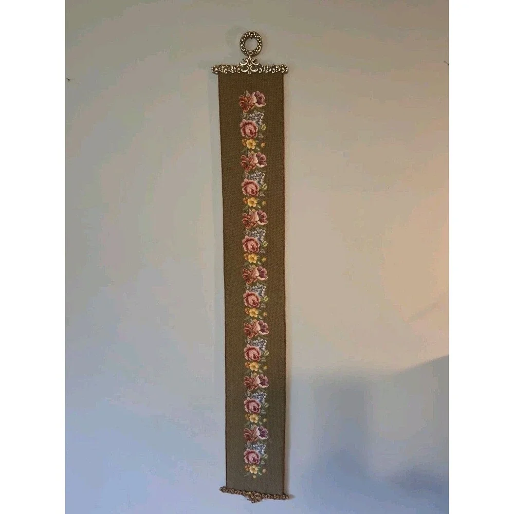 Vintage Embroidered Floral Tapestry Wall Decroative Hanging Brass Ends - 65